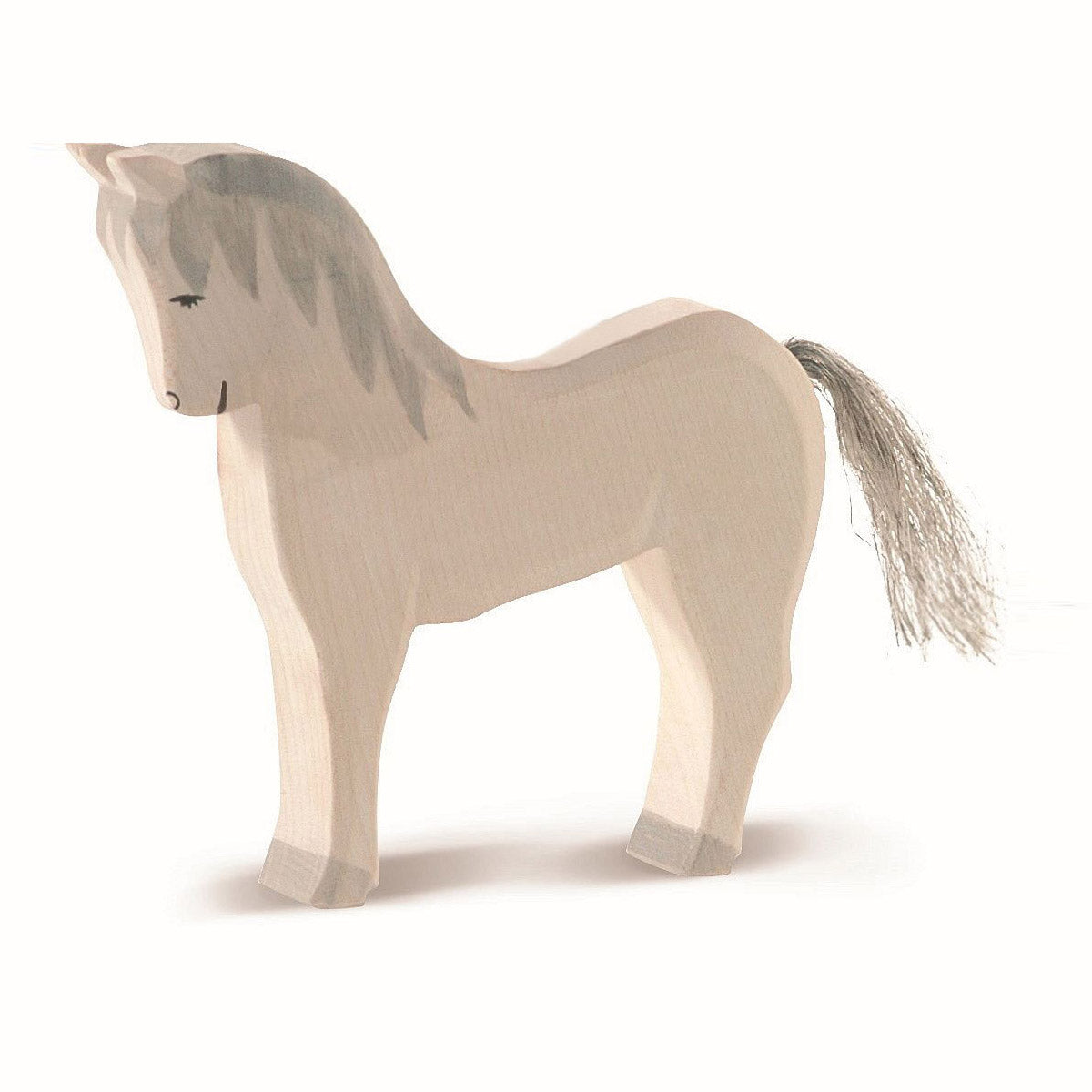 Graceful handcrafted wooden white horse by Ostheimer with a silver-gray mane, perfect for imaginative play and storytelling