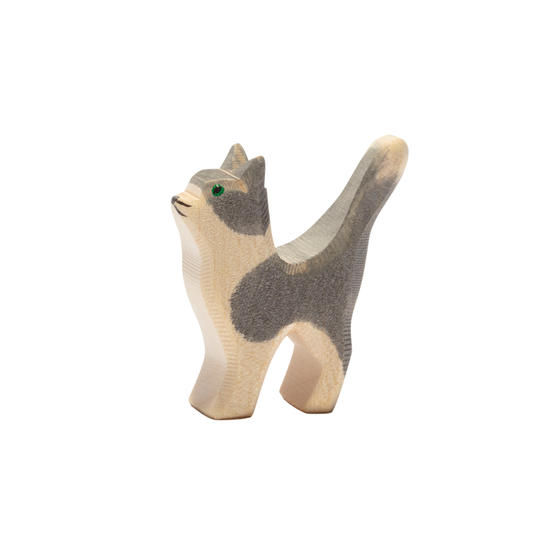 Ostheimer wooden cat figure standing with its tail raised, handcrafted and hand-painted in Germany