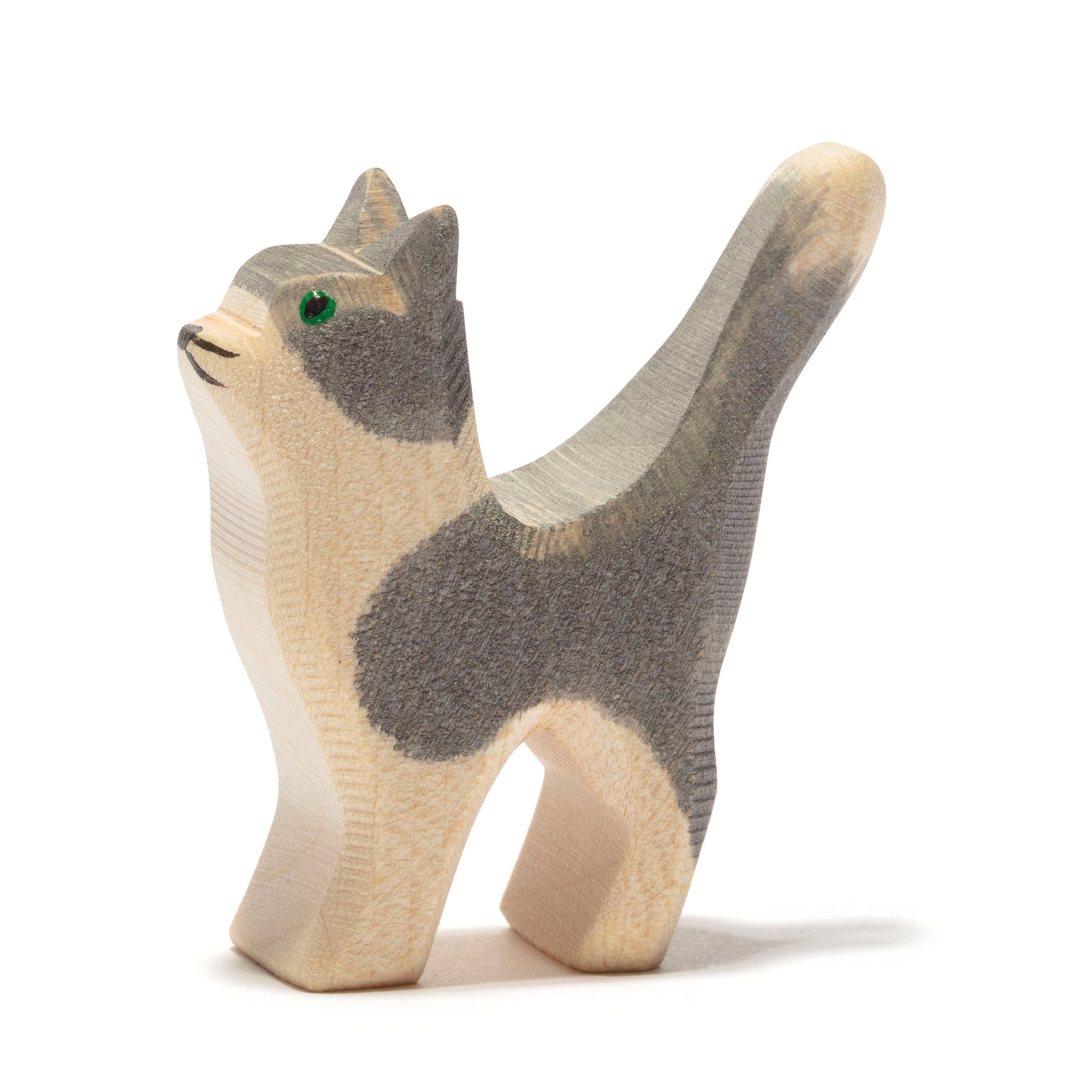 Handcrafted wooden Ostheimer cat with tail raised, showcasing a curious and cheeky personality, ideal for imaginative play and storytelling