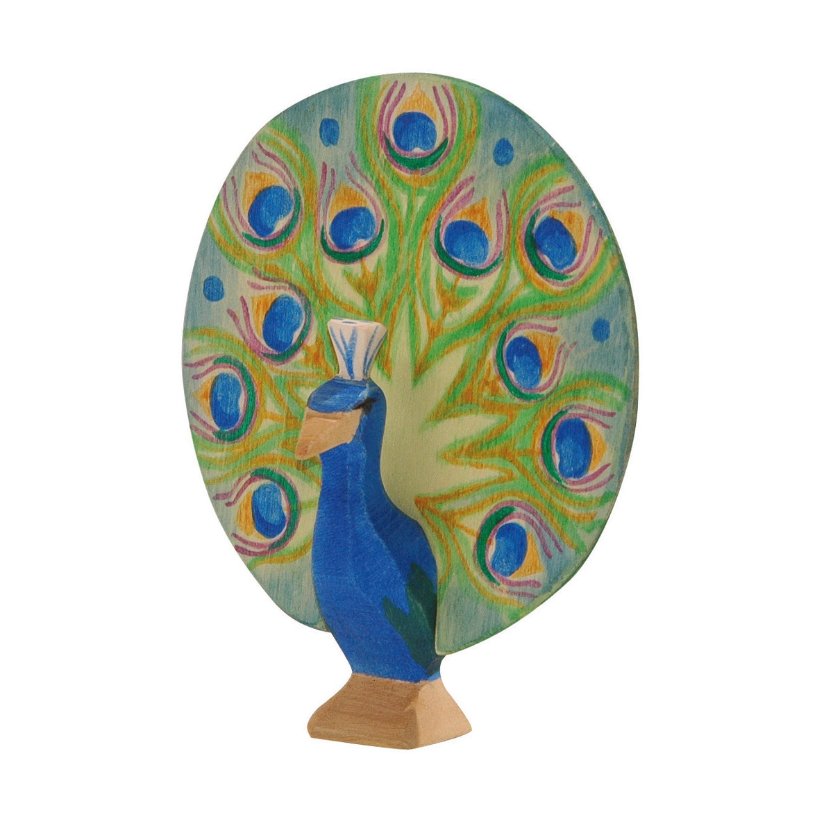 Handcrafted Ostheimer wooden peacock with a beautifully carved wheel display, made from sustainable wood. A timeless, open-ended toy for imaginative play, suitable for children aged
