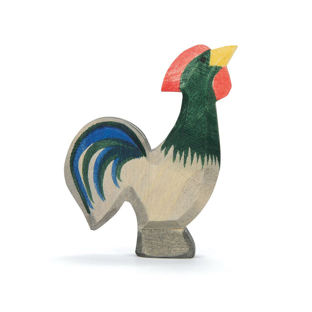 Handcrafted wooden dark rooster figurine – colorful, natural toy for farm-themed and open-ended play.


