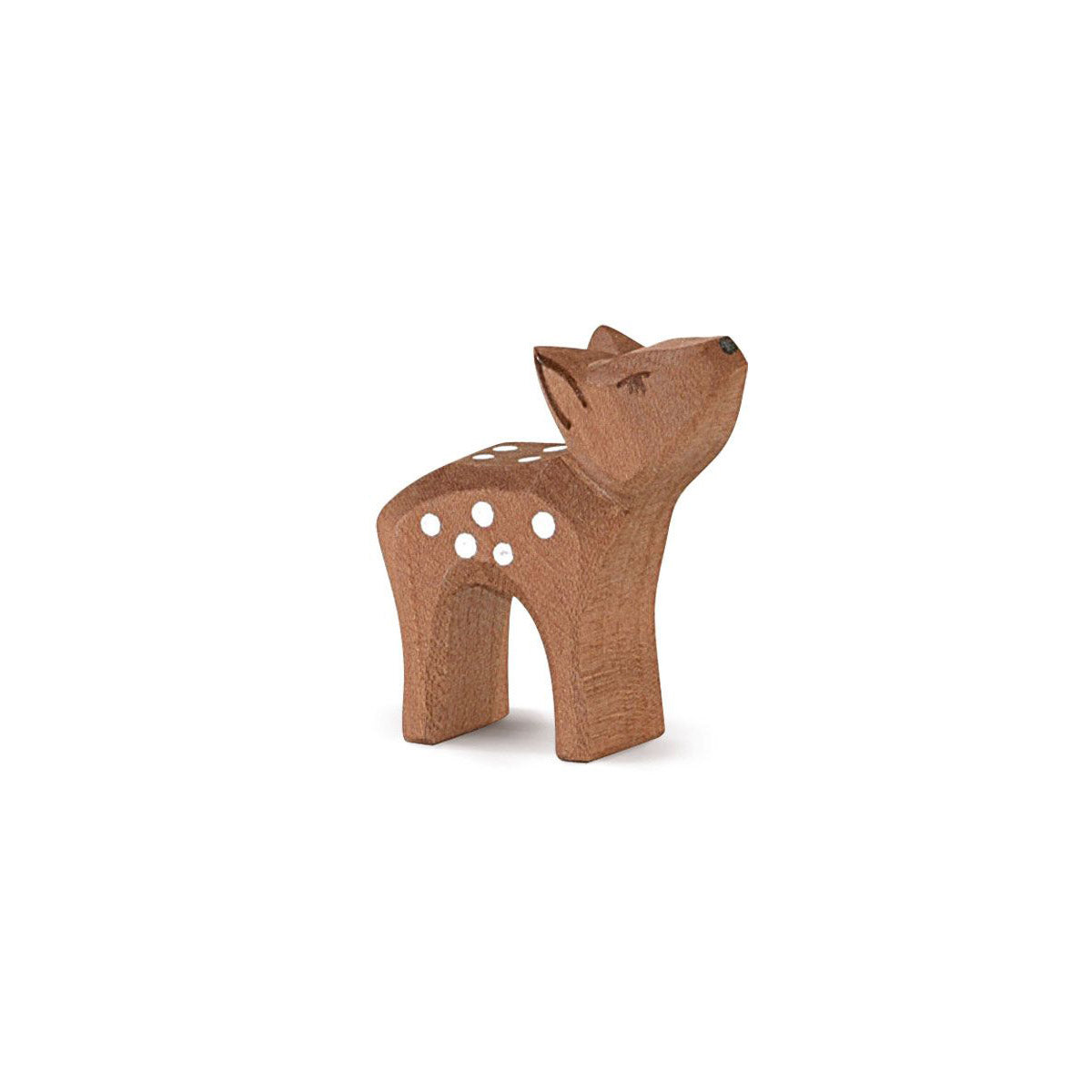 Handcrafted wooden fawn with head raised – natural forest toy for gentle, imaginative play.