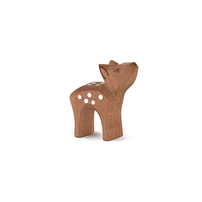 Handcrafted wooden fawn with head raised – natural forest toy for gentle, imaginative play.