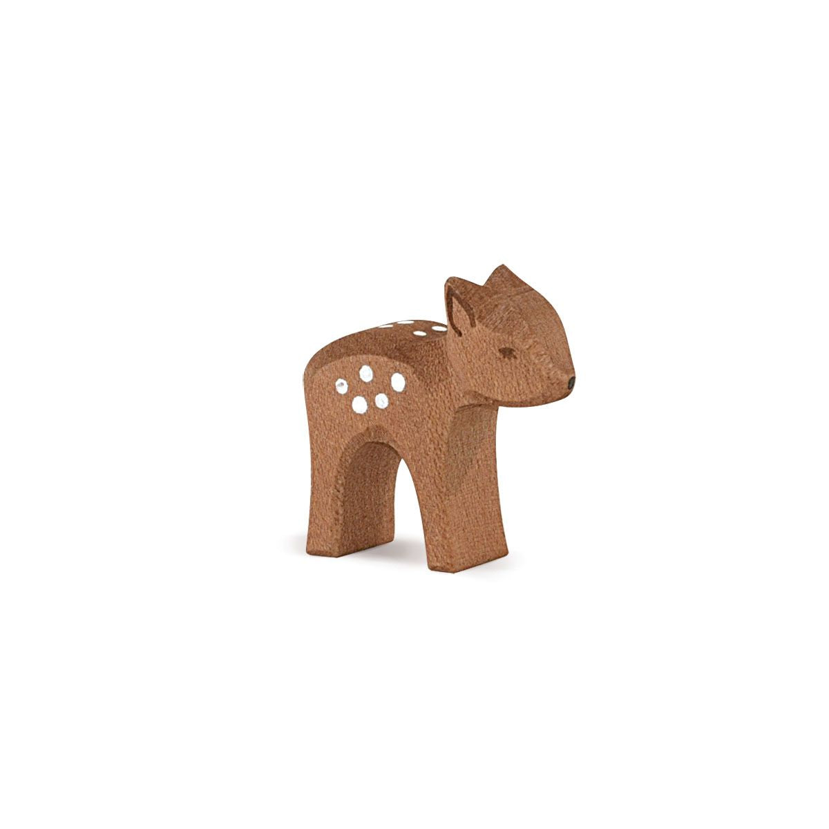 Handcrafted wooden fawn figure with head low – gentle forest toy for imaginative play.