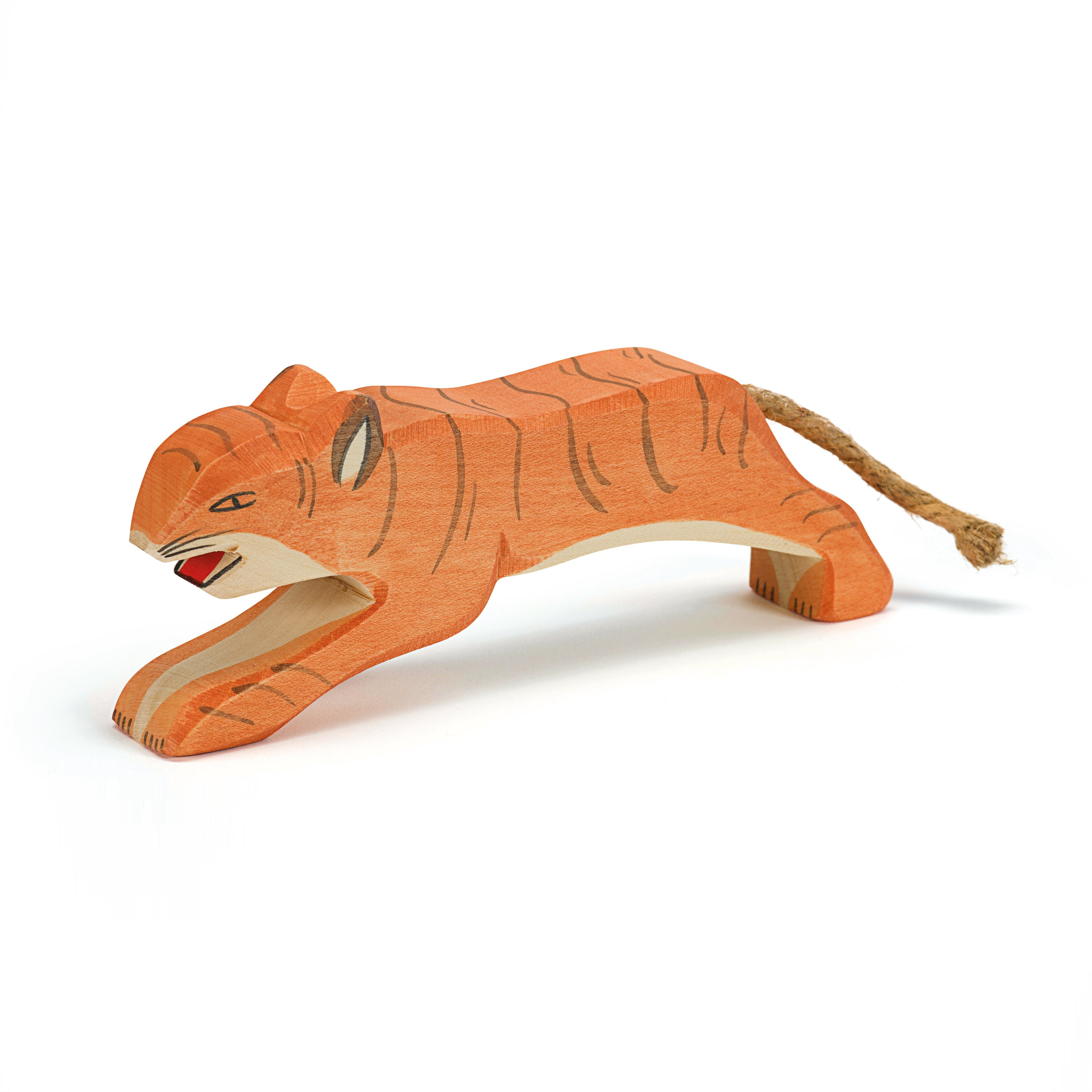 Ostheimer handcrafted wooden tiger figure, symbolizing the power and majesty of wild cats. Ideal for storytelling and play. Sustainably crafted with non-toxic paints.