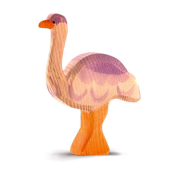 Handcrafted wooden Ostheimer ostrich with long legs and bushy feathers, perfect for imaginative play.