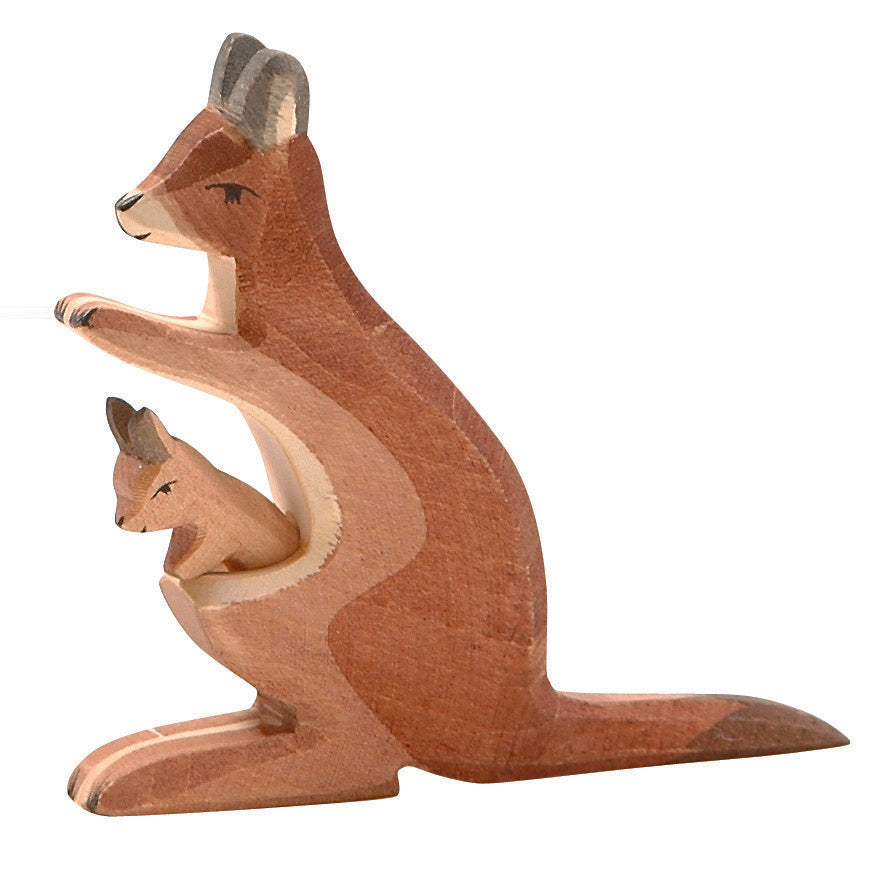 Handcrafted Ostheimer wooden kangaroo with joey in pouch, painted with natural colors, ideal for imaginative play.