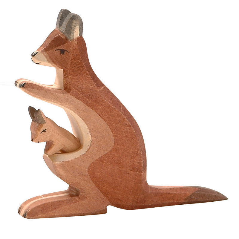 Handcrafted Ostheimer wooden kangaroo with joey in pouch, painted with natural colors, ideal for imaginative play.