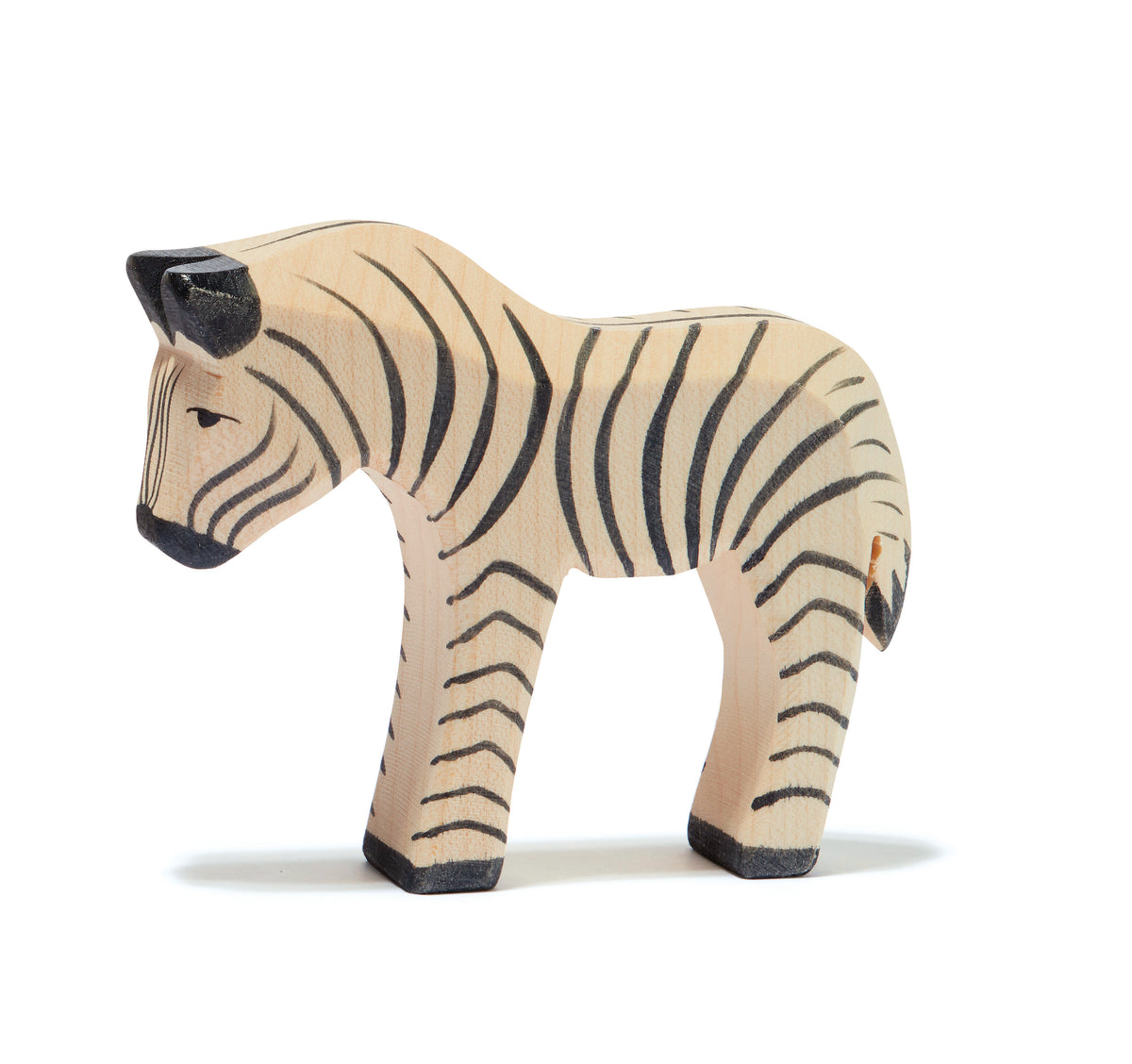 Ostheimer handcrafted wooden zebra foal figure with delicate striped details, perfect for storytelling and imaginative play. Sustainably made with non-toxic paints.