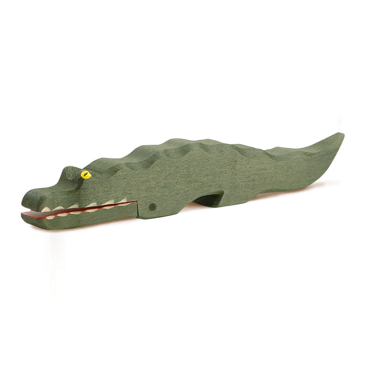 Handcrafted wooden crocodile by Ostheimer with movable jaws, perfect for imaginative jungle and river-themed play