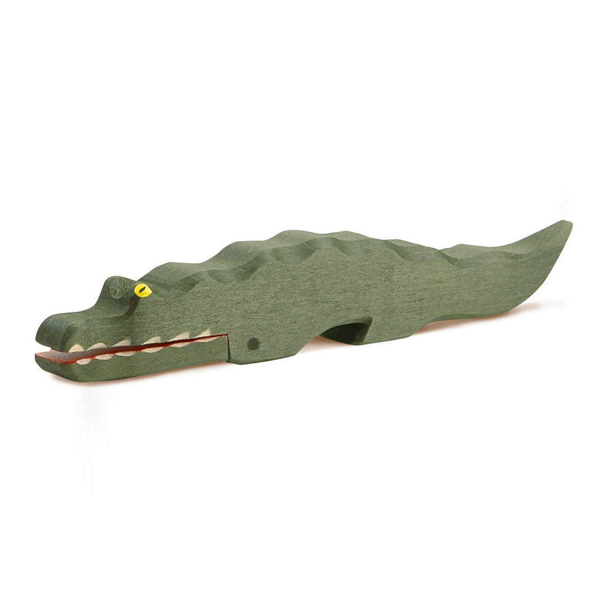 Handcrafted wooden crocodile by Ostheimer with movable jaws, perfect for imaginative jungle and river-themed play