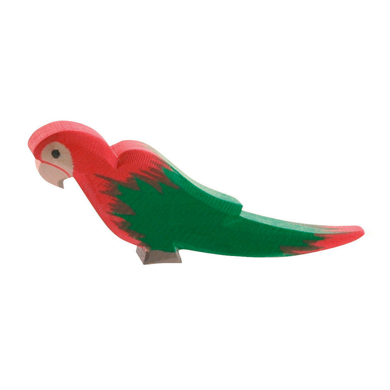 Handcrafted Ostheimer wooden red parrot with vibrant carved details, made from sustainable wood. A timeless toy designed for imaginative, open-ended play, suitable for children aged 3+.