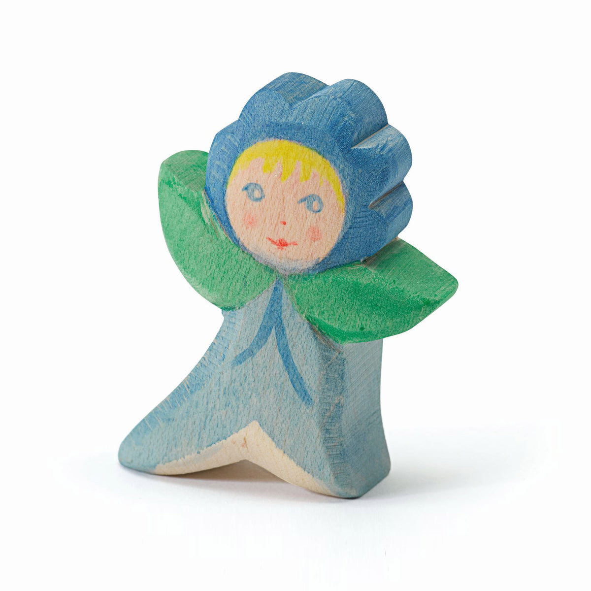 Handmade wooden forget-me-not flower child figurine – eco-friendly toy and seasonal decor.