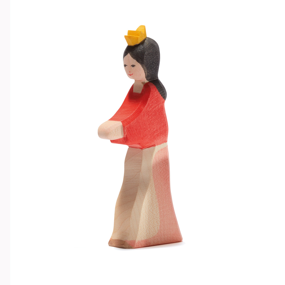 Ostheimer handcrafted wooden figure of Snow White, wearing a red and golden gown with a crown. Perfect for fairy tale storytelling and imaginative play.