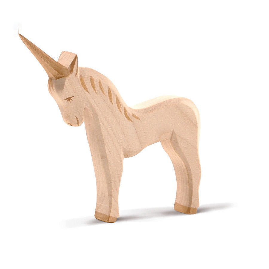 Ostheimer handcrafted wooden unicorn figure with a delicate design, perfect for fairy tale storytelling and imaginative play. Sustainably crafted with non-toxic paints.