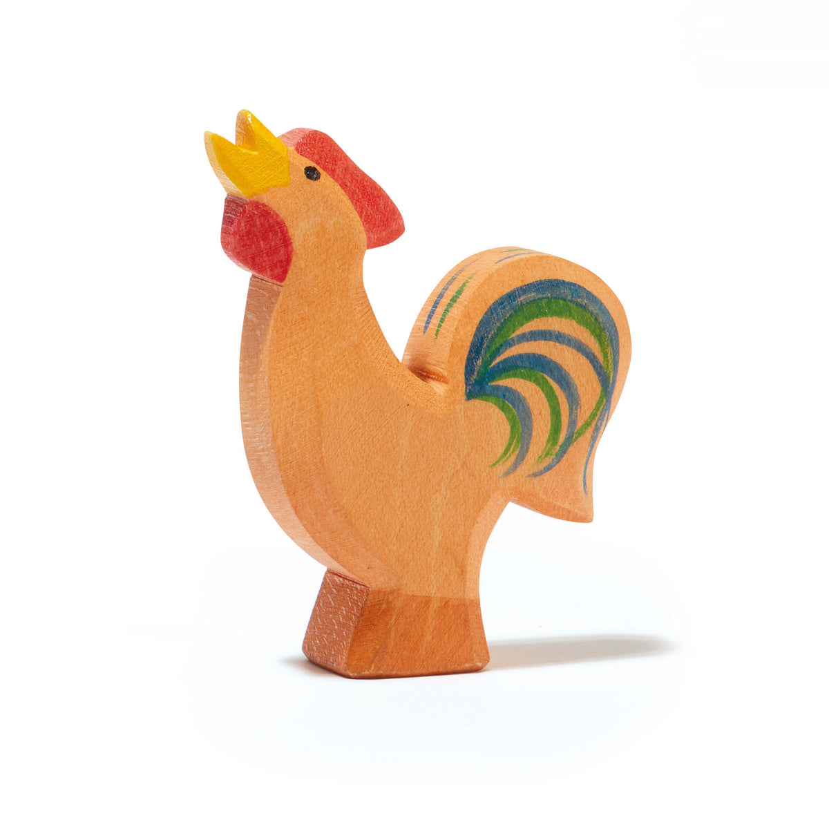 Handcrafted wooden rooster by Ostheimer, crowing as the leader of the Town Musicians of Bremen, perfect for imaginative play