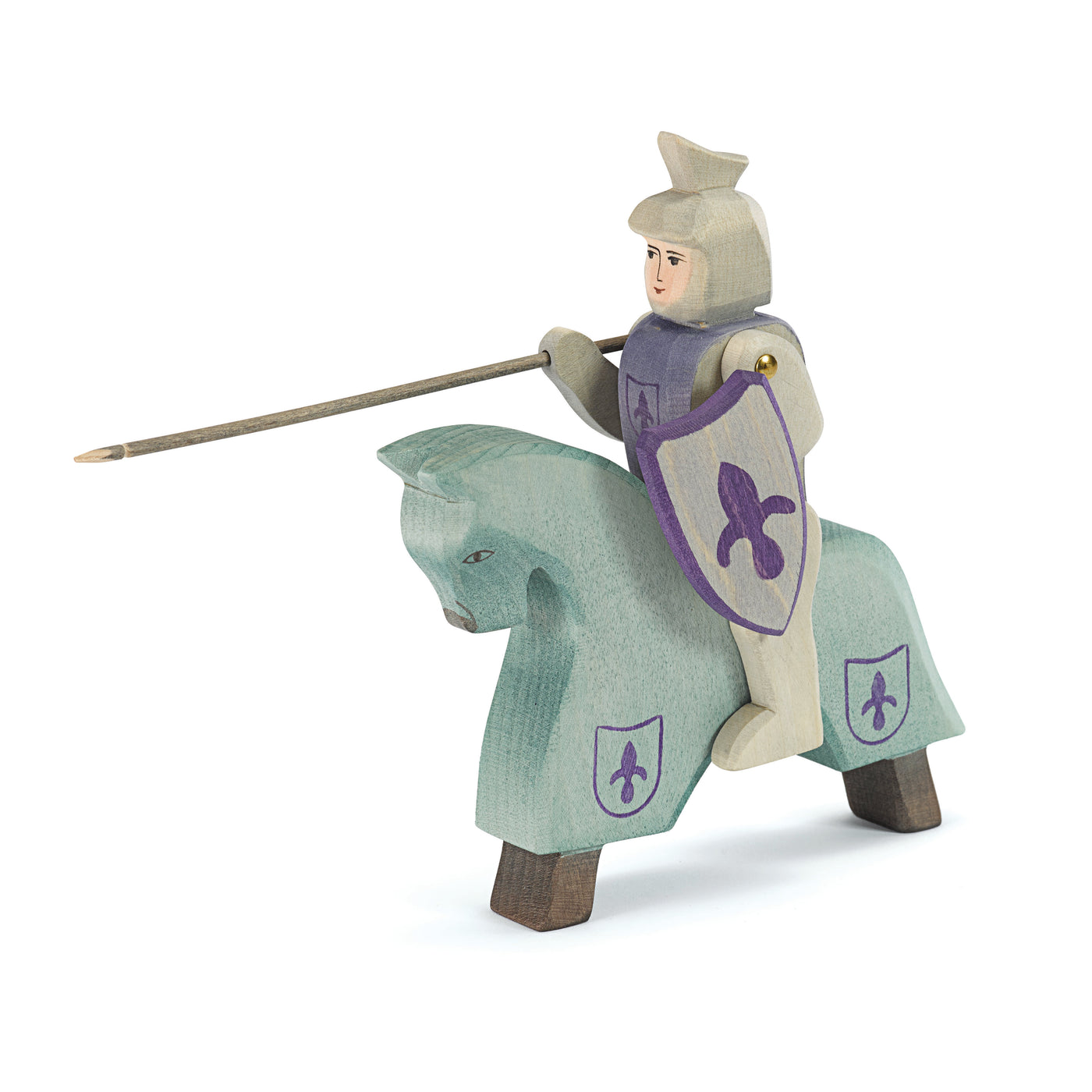 Handmade wooden toy knight riding blue with shield and lance – Ostheimer figurine