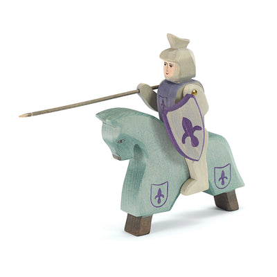 Handmade wooden toy knight riding blue with shield and lance – Ostheimer figurine