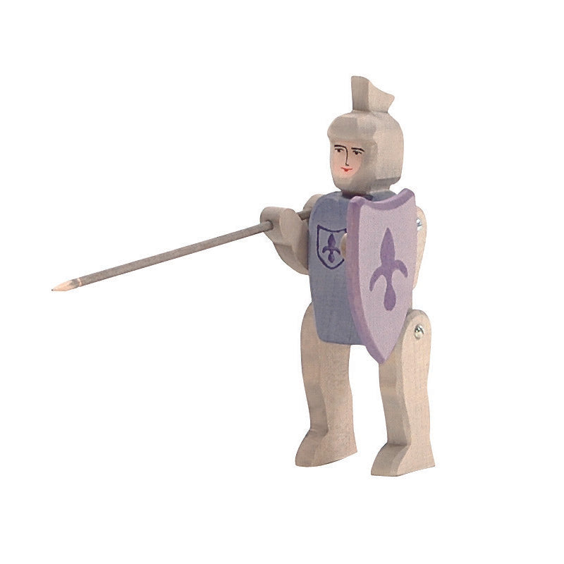 Handmade wooden toy knight riding blue with shield and lance – Ostheimer figurine