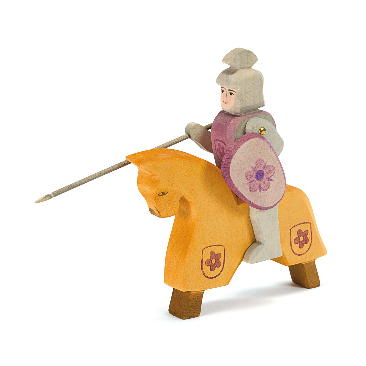 Handmade wooden toy knight riding red with shield and lance – Ostheimer figurine