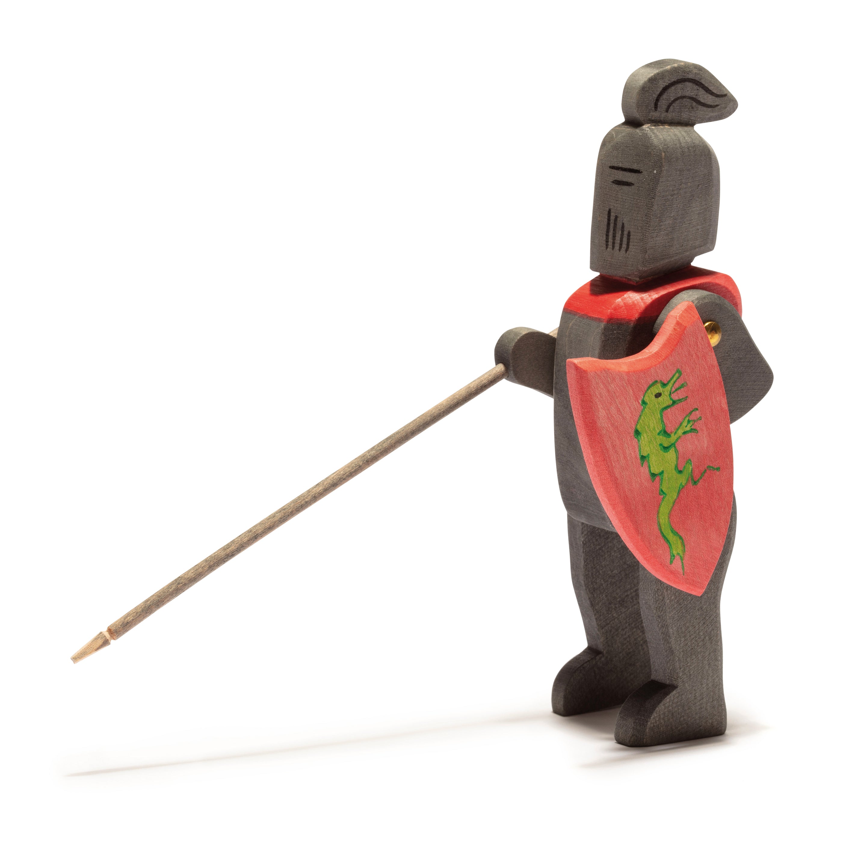 Ostheimer handcrafted wooden knight figure with a dragon shield and lance, perfect for medieval storytelling and imaginative play. Sustainably made with non-toxic paints.