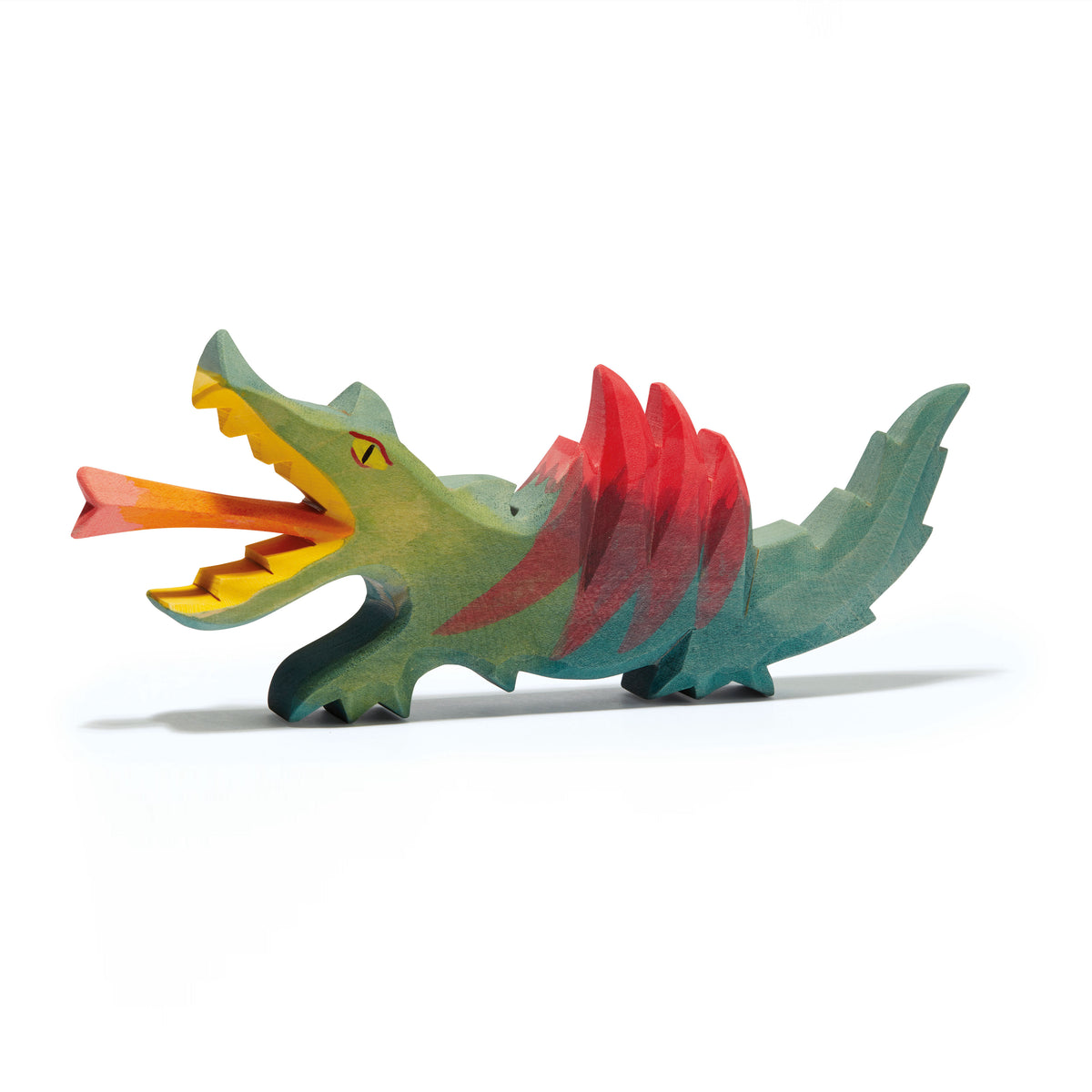 Handcrafted wooden dragon by Ostheimer with red and green scales, roaring mouth, and dynamic pose, perfect for imaginative play and storytelling