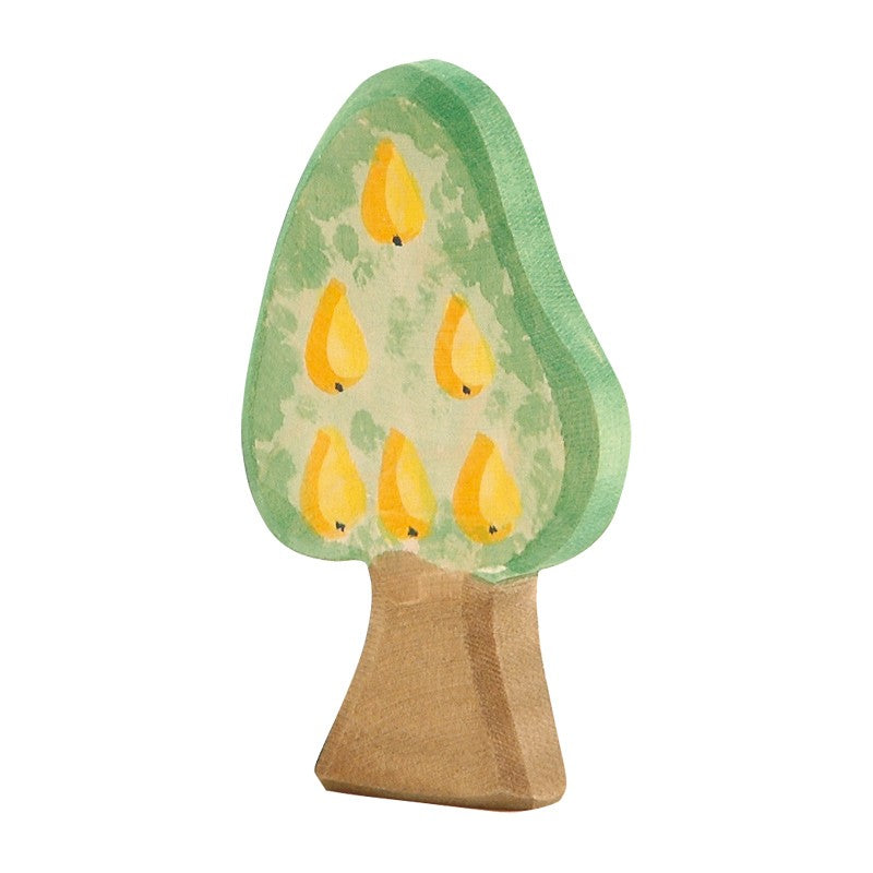 Handmade wooden pear tree toy – with blossoms and fruit for open-ended play and seasonal decor.