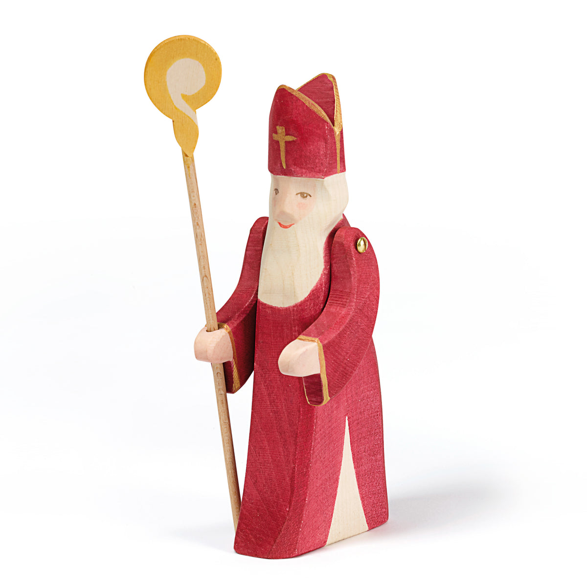 Ostheimer handcrafted wooden figure of St. Nicholas with a mitre and staff, symbolizing compassion and goodness. Sustainably made with non-toxic paints.