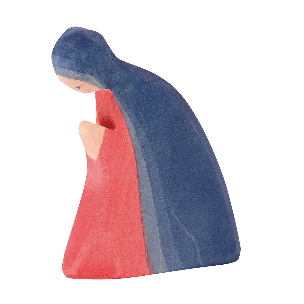 Handcrafted wooden Mary figure by Ostheimer, painted in red and blue tones, perfect for Nativity displays and storytelling.