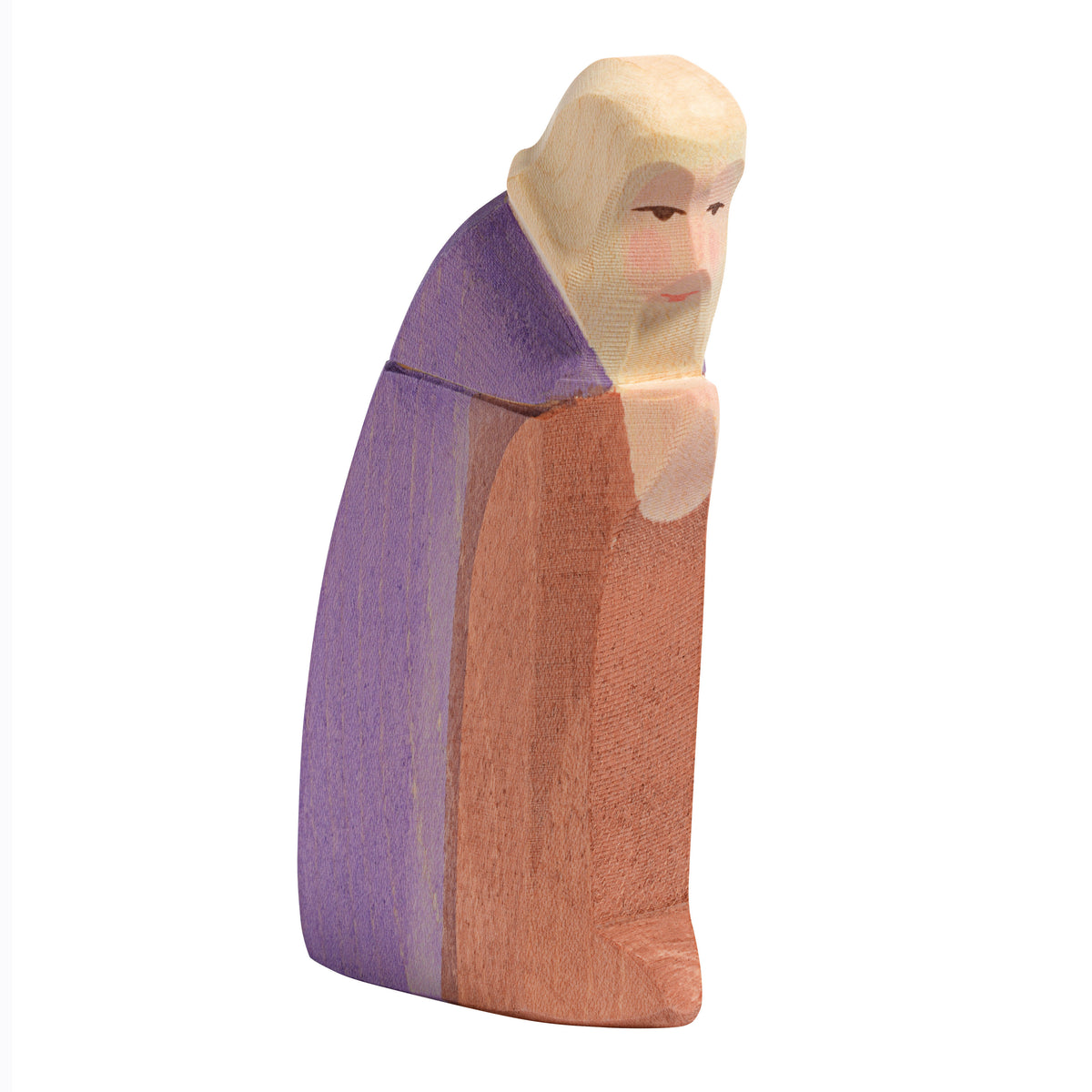 Handcrafted wooden Joseph figure by Ostheimer, featuring natural wood tones and purple cloak, perfect for Nativity sets.