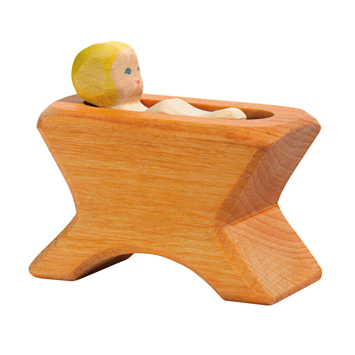 Handcrafted wooden crib with Baby Jesus by Ostheimer, perfect for nativity displays and Christmas storytelling