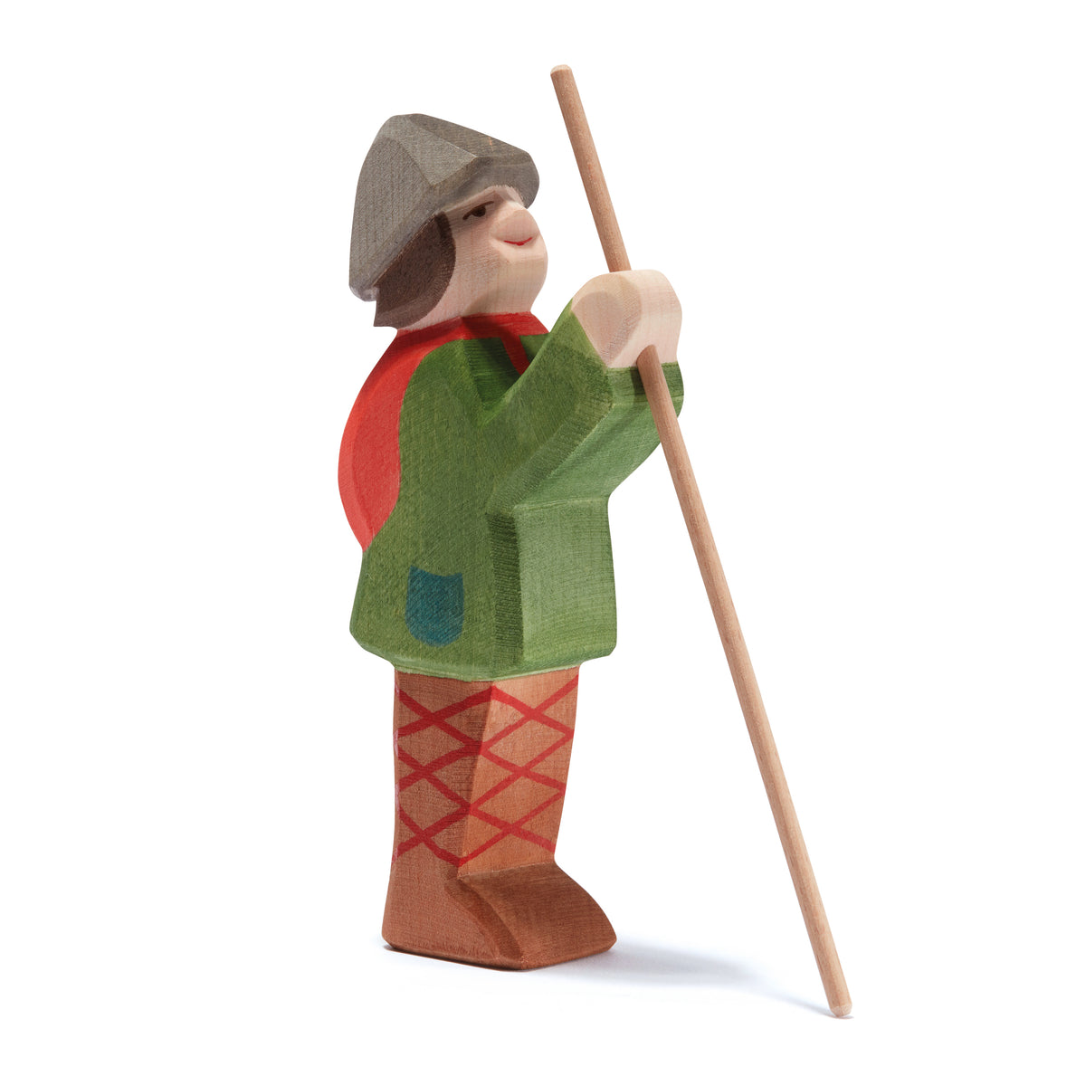 Ostheimer handcrafted wooden figure of a standing shepherd holding a staff, ideal for nativity displays or storytelling. Sustainably made with non-toxic paints.

