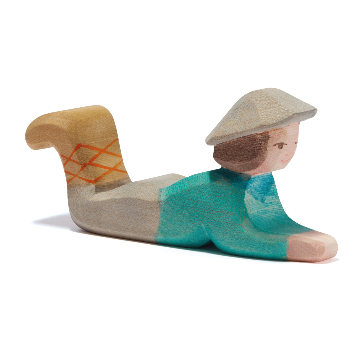 Ostheimer handcrafted wooden figure of a shepherd lying down, ideal for nativity displays or storytelling. Made from sustainable wood and non-toxic paints.
