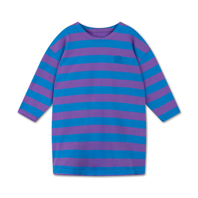 cozy sweat dress - cool pool violet block stripe