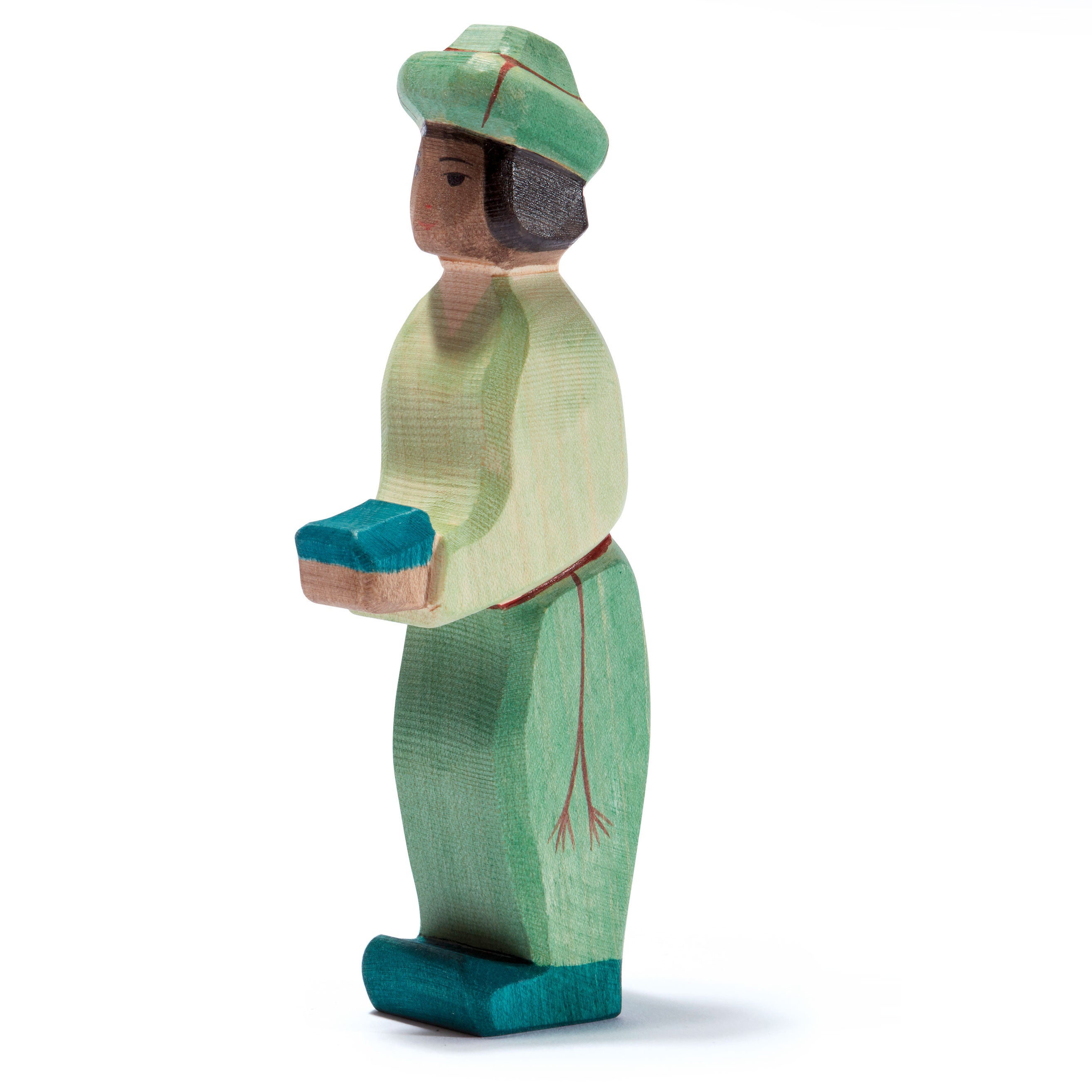 Handcrafted Ostheimer Green Oriental King wooden figure in soft green tones, perfect for Nativity displays and storytelling.