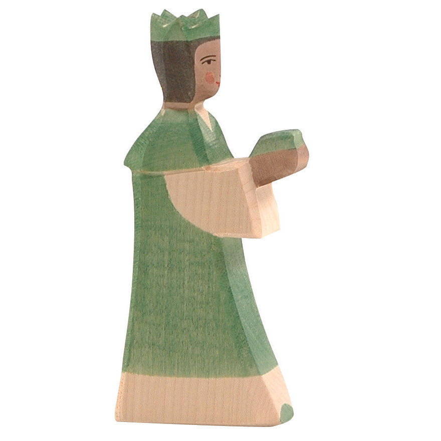 Handcrafted Ostheimer Green King wooden figure in soft green tones, ideal for Nativity scenes and storytelling.