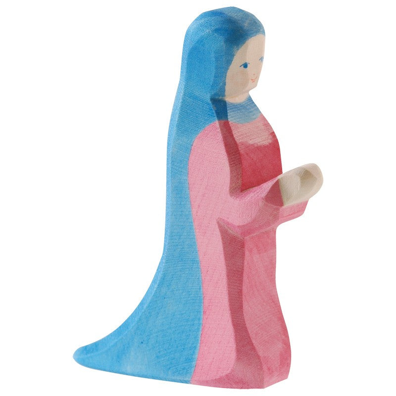 Ostheimer handcrafted wooden standing Mary figure, painted in pink and blue tones, perfect for Nativity displays and storytelling.