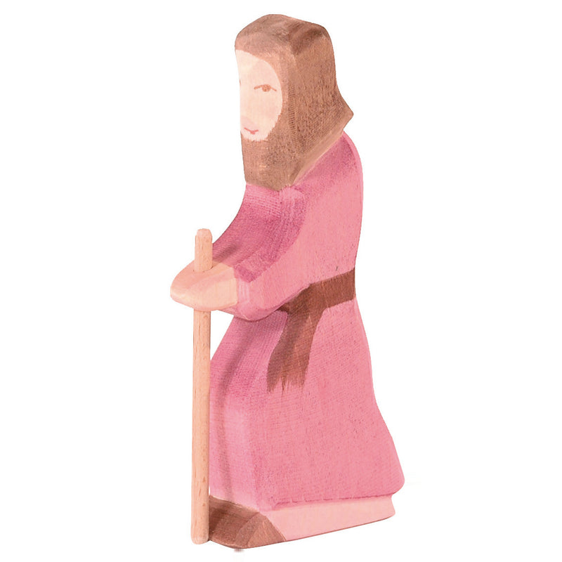 Handcrafted Ostheimer wooden Joseph figure holding a staff, painted in soft natural colors, ideal for Nativity sets.