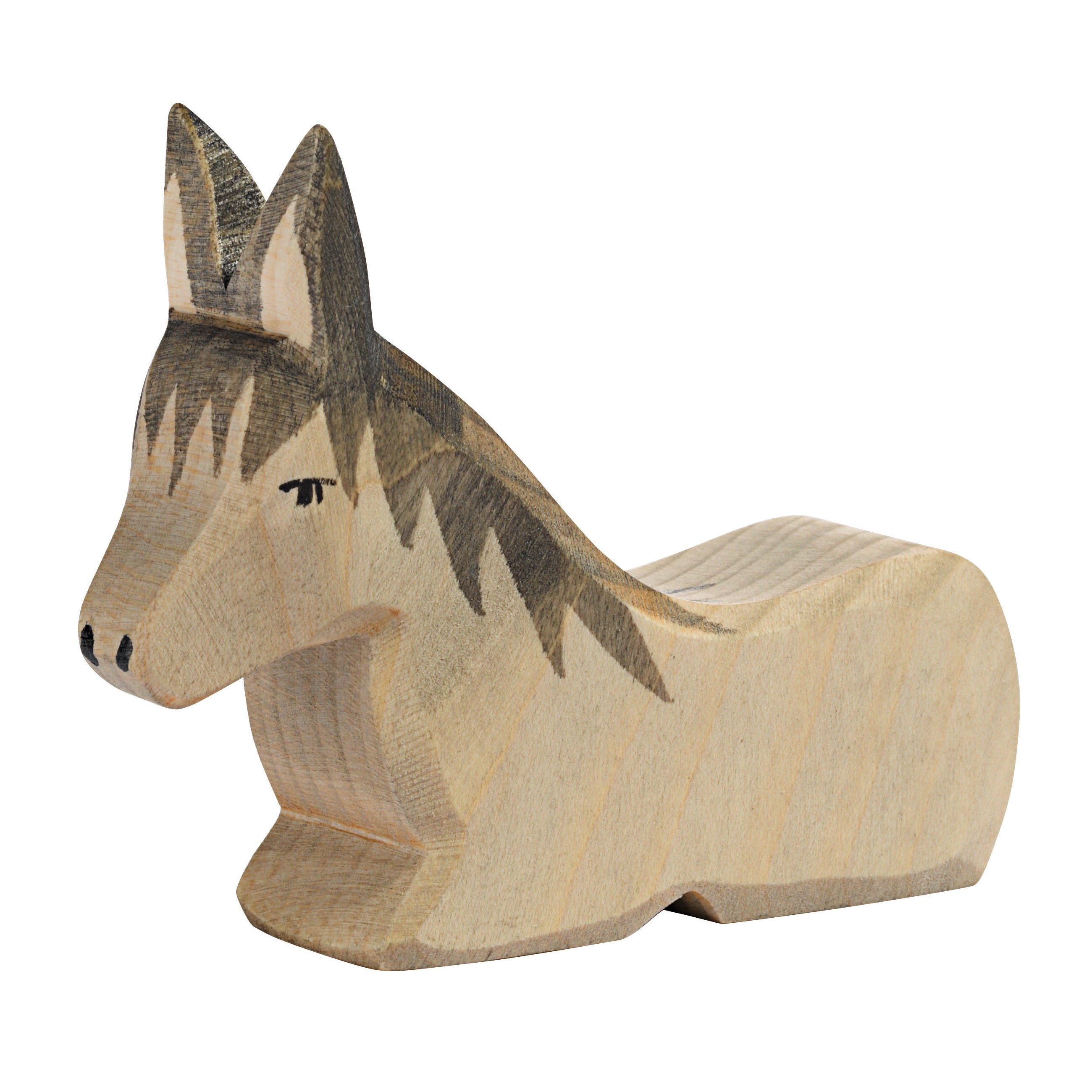 Ostheimer handcrafted wooden donkey figure with natural details, perfect for nativity scenes and imaginative play. Sustainably made with non-toxic paints.