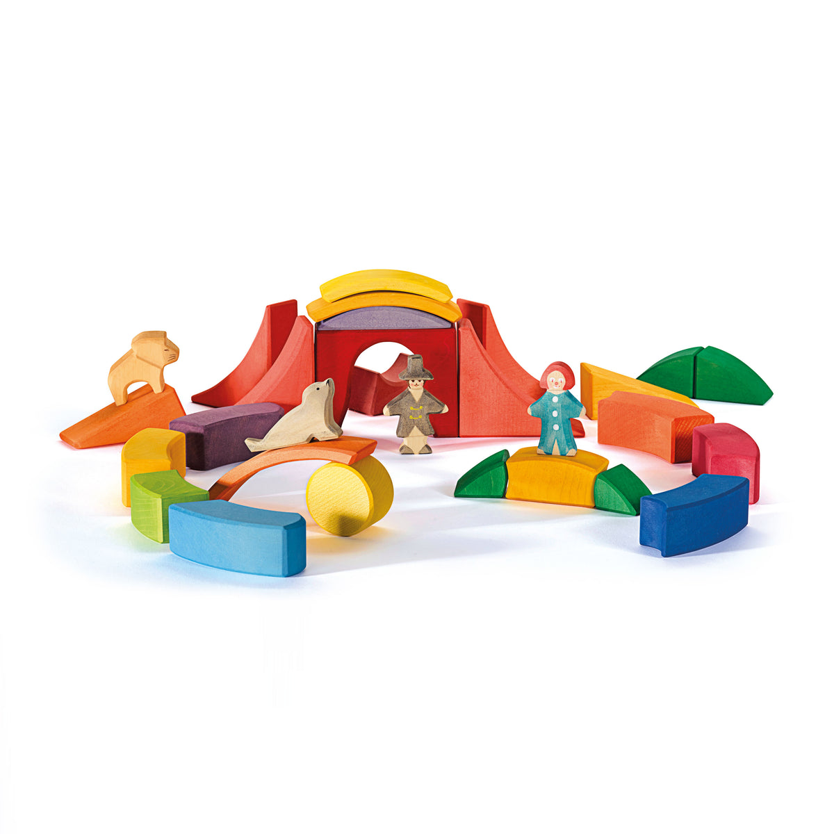 Ostheimer wooden building blocks with small figures for imaginative and sensory play development.