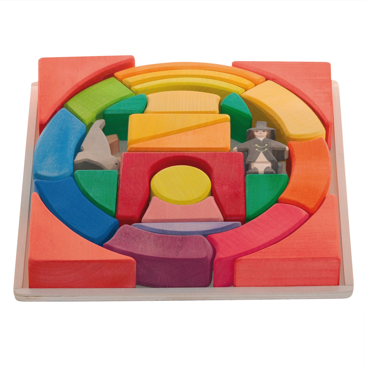 Ostheimer wooden building blocks with small figures for imaginative and sensory play development.