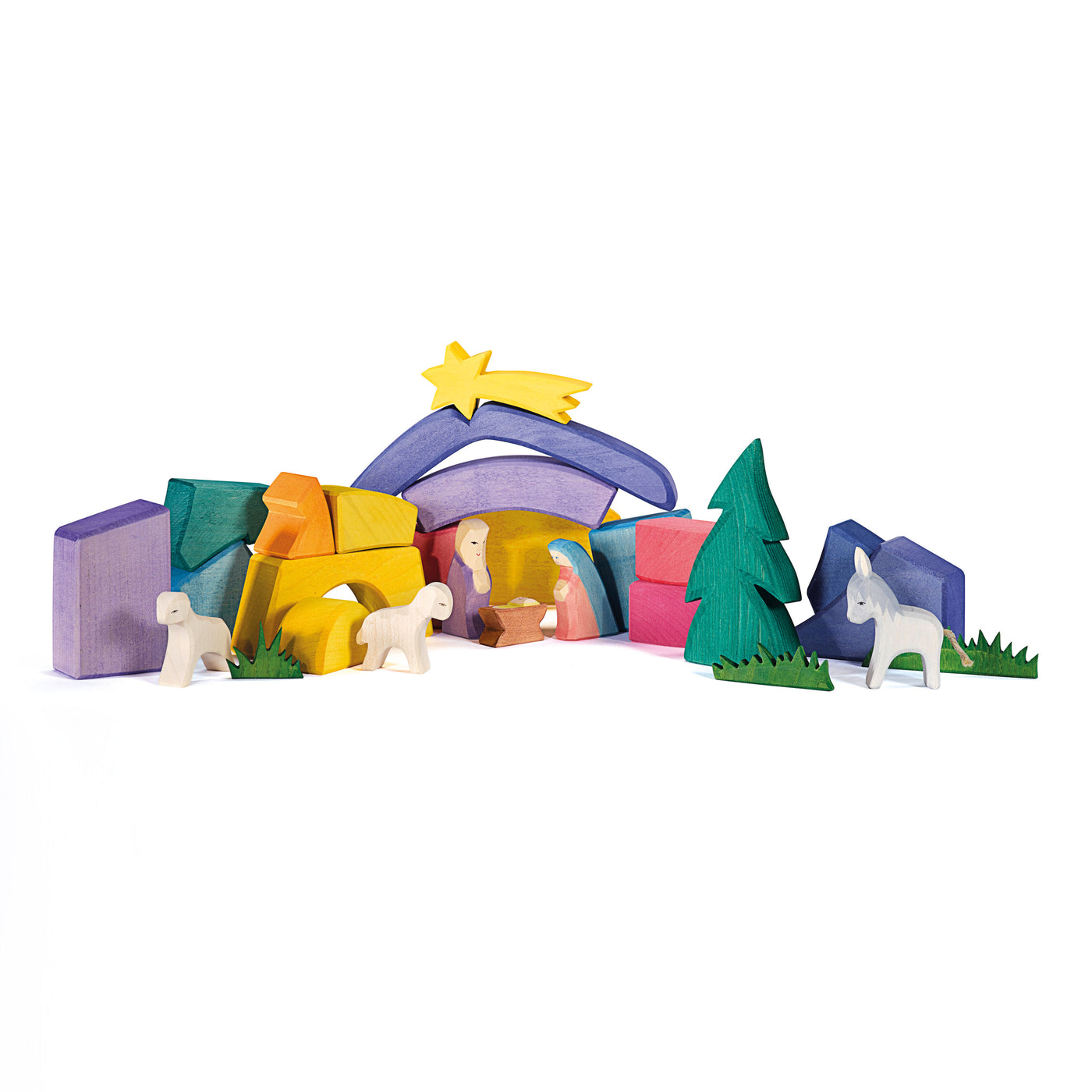 Ostheimer Rainbow Nativity Set with 20 wooden blocks, a star, a crib, and two figures for creative play.