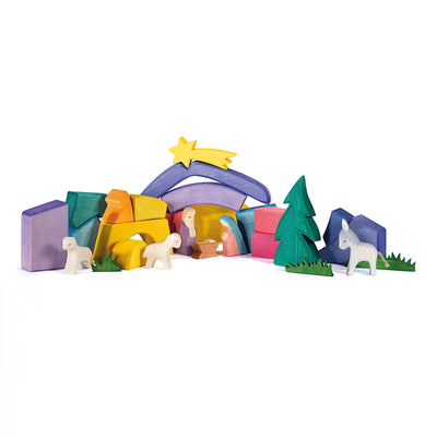 Ostheimer Rainbow Nativity Set with 20 wooden blocks, a star, a crib, and two figures for creative play.