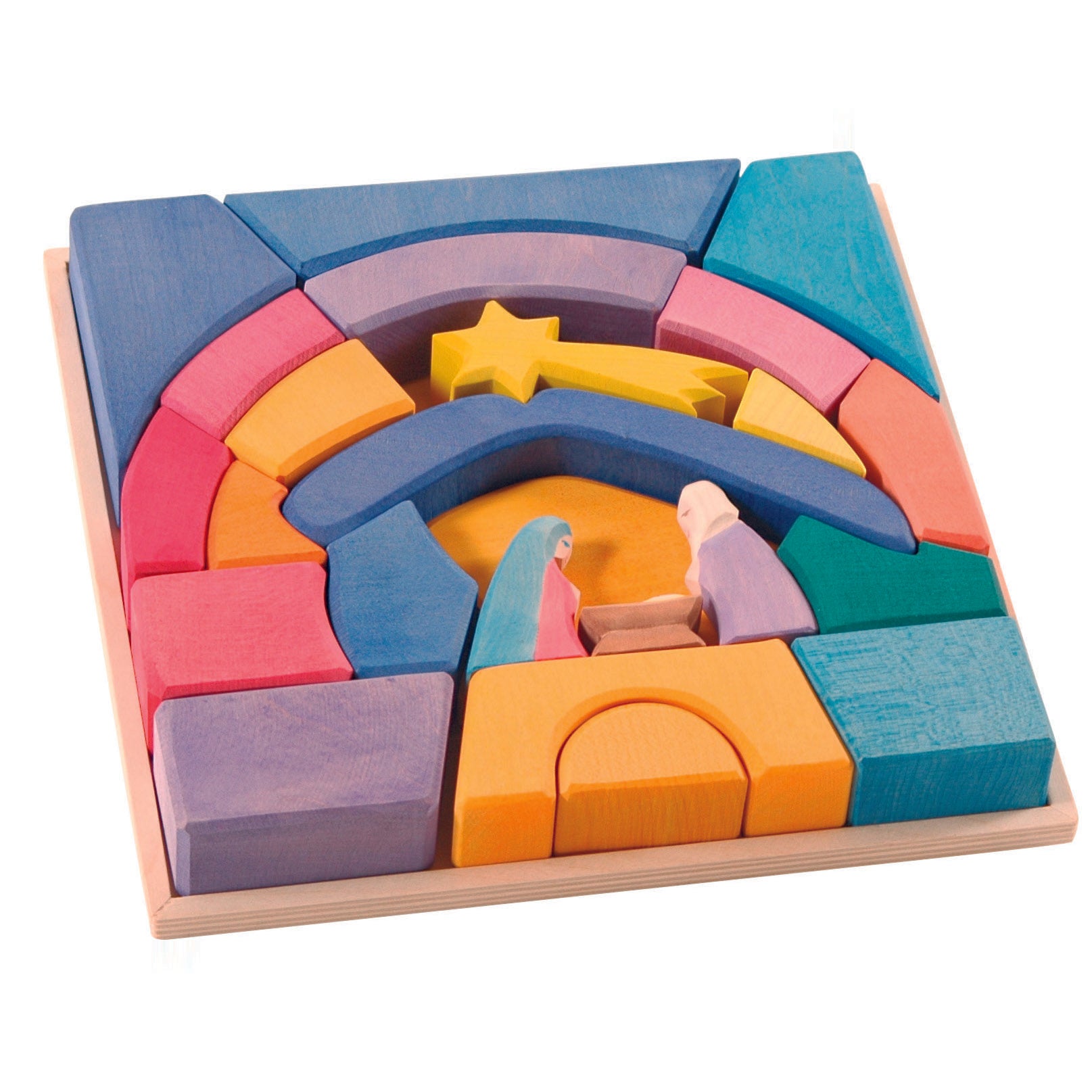Ostheimer Rainbow Nativity Set with 20 wooden blocks, a star, a crib, and two figures for creative play.
