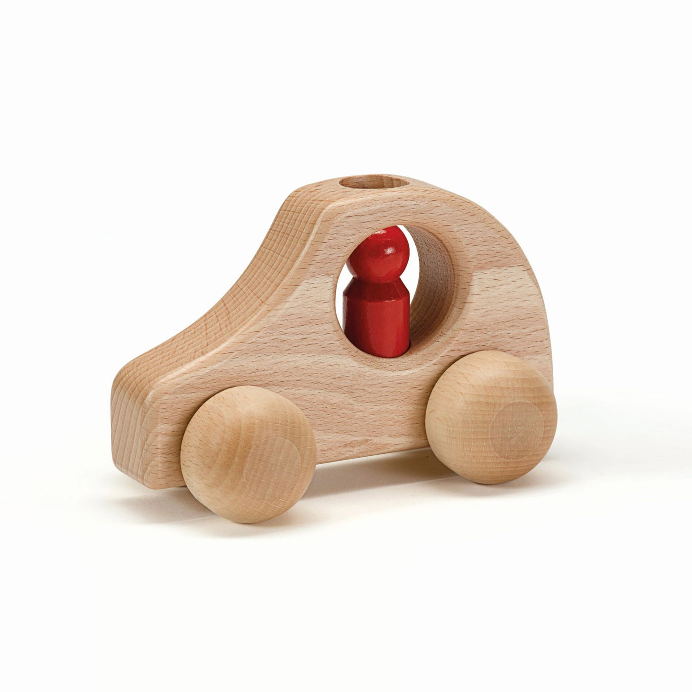 Natural wooden toddler car with one figure – handcrafted from solid beech wood for safe and open-ended play.