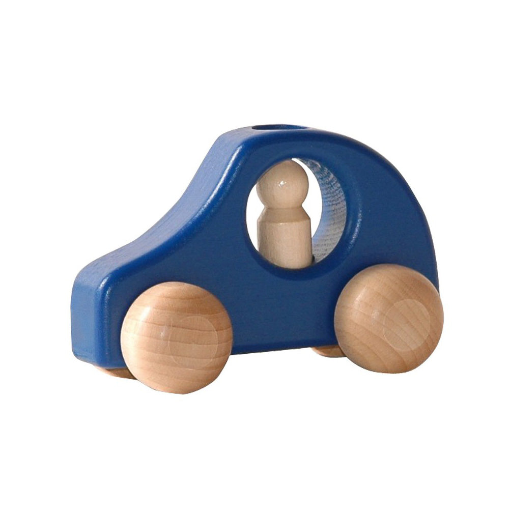 Handmade Ostheimer wooden car blue with 1 man, crafted from solid beech wood, designed for toddlers to encourage motor skills and imaginative play. Perfect for creative play for children 1 year and older