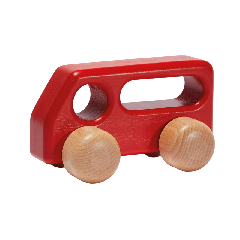Ostheimer Bus Red handcrafted wooden toy bus made from solid beech wood, painted in warm red tones for safe and imaginative play.