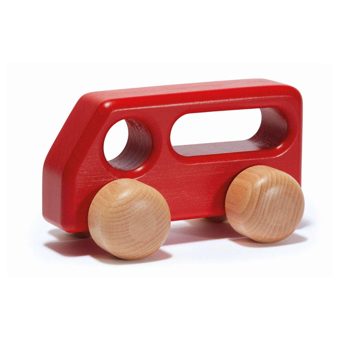 Ostheimer Bus Red — handcrafted wooden toy bus made from solid beech wood, painted in warm red tones for safe and imaginative play.