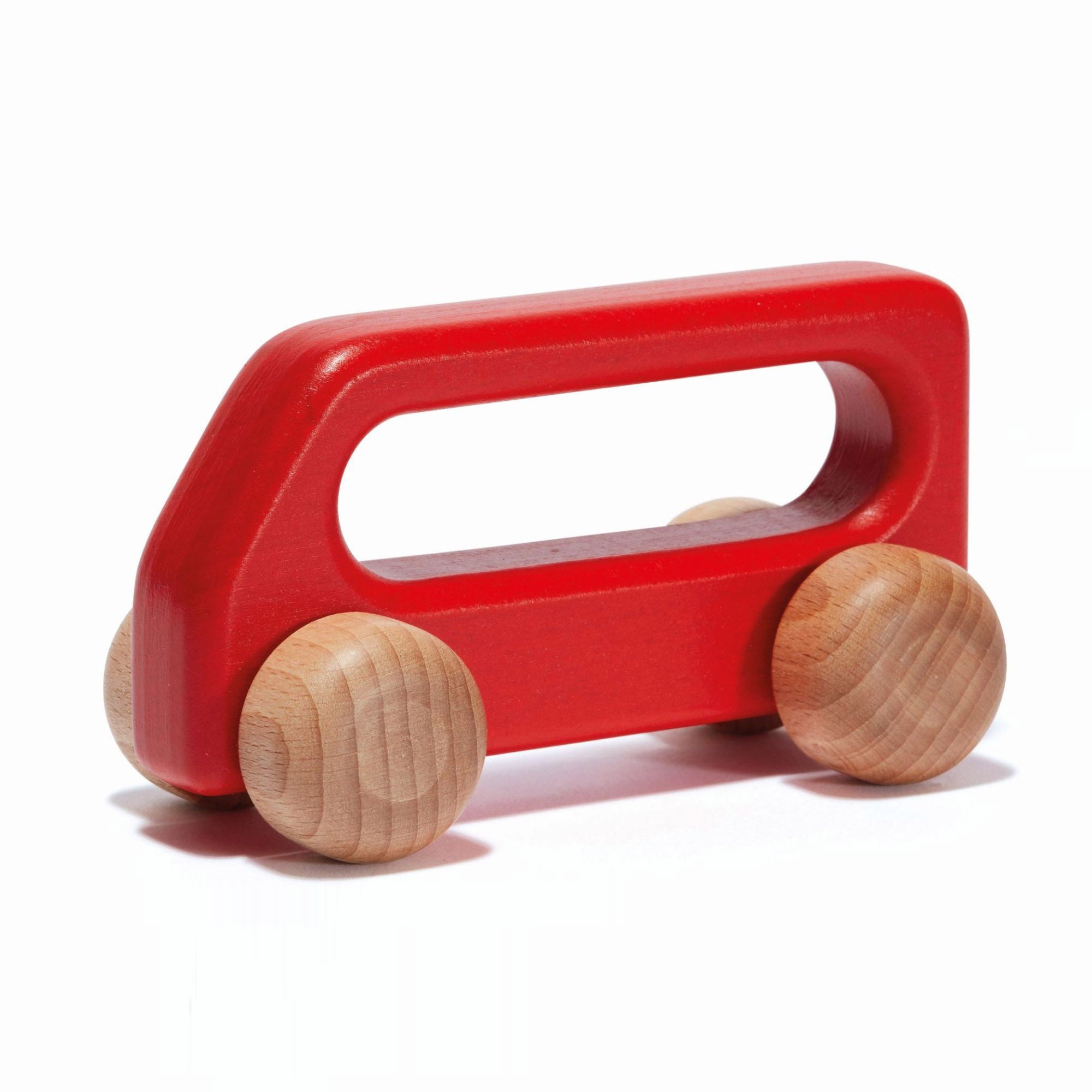 Handcrafted red wooden toddler bus – safe, durable toy for ages 1 and up.