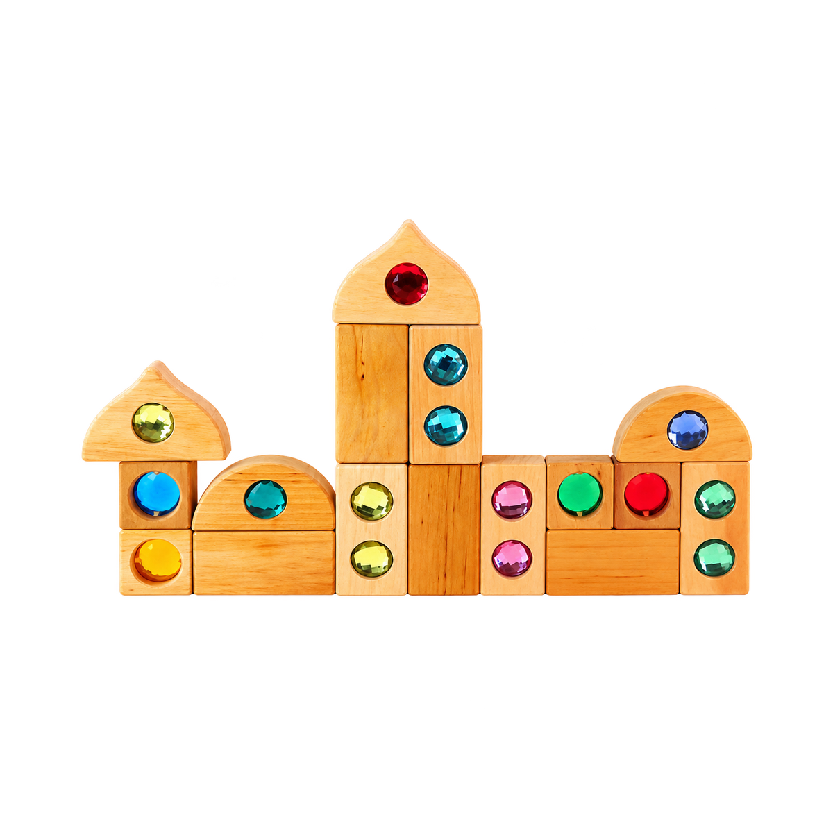 Bauspiel mini mixed box with 16 colourful wooden building blocks, including sparkling blocks, transparent window blocks and triangular roofs.